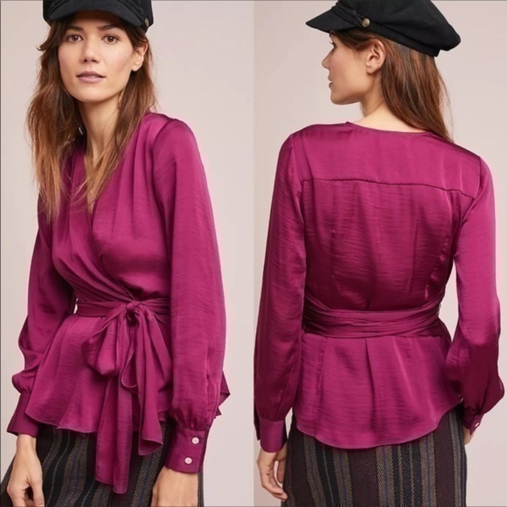 - Anthropologie Moulinette Souers Satin Burgandy Wrap Top